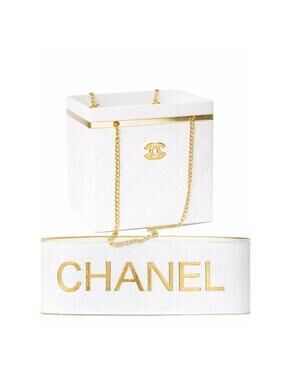 White Quilted Gift Box Bag with Gold Hardware CC Emblem